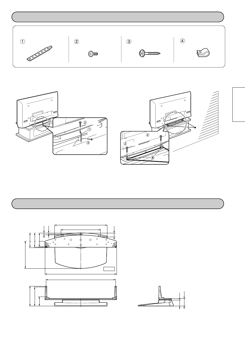 Secure the console to prevent tipping, Dimension diagram, Tip-prevention parts | Attaching to a tv stand attaching to a wall, Screws clamps band wood screw, English | Panasonic Pedestal for Wide Plasma Display TY-ST50PX20 User Manual | Page 9 / 20