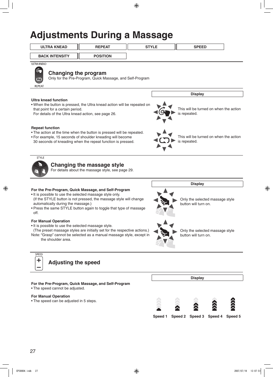 Adjustments during a massage, Changing the program, Changing the massage style | Adjusting the speed | Panasonic EP30004 User Manual | Page 28 / 49