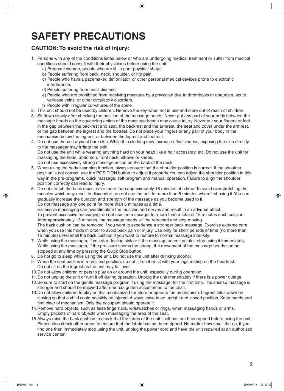 Safety precautions, Caution: to avoid the risk of injury | Panasonic EP30004 User Manual | Page 3 / 49