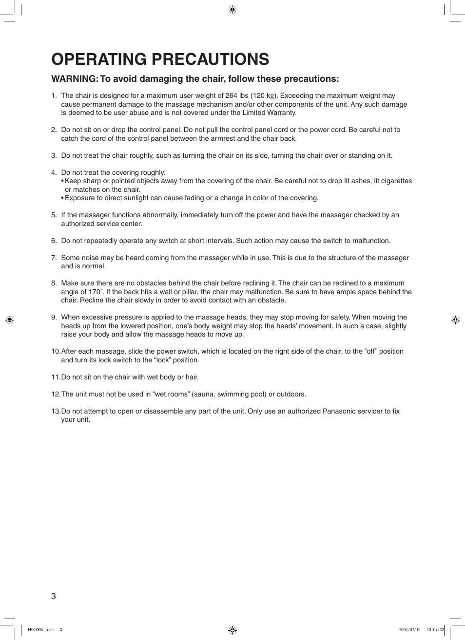 Operating precautions | Panasonic EP30004 User Manual | Page 4 / 49