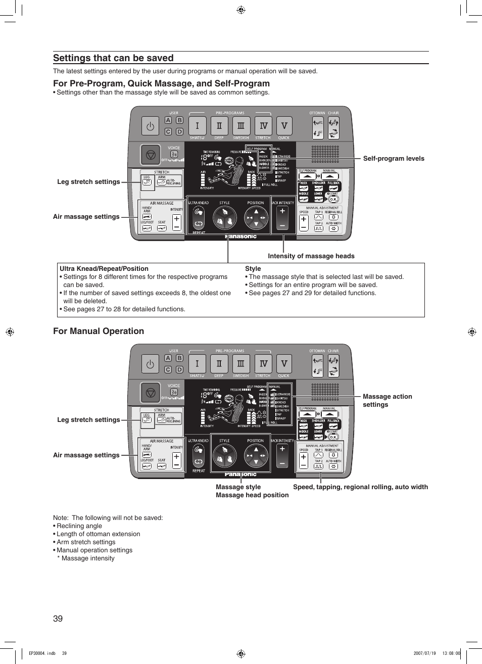 Settings that can be saved, For pre-program, quick massage, and self-program, For manual operation | Panasonic EP30004 User Manual | Page 40 / 49