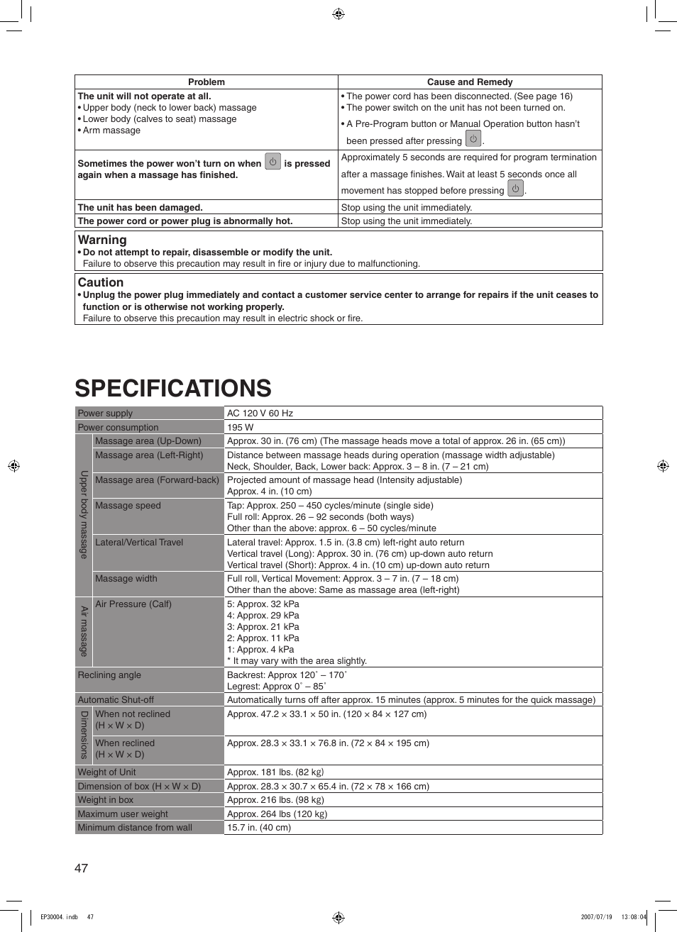 Specifications, Warning, Caution | Panasonic EP30004 User Manual | Page 48 / 49