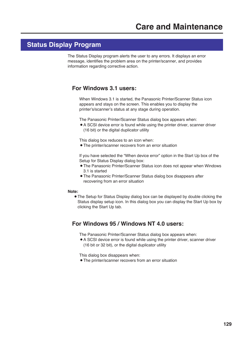 Status display program, Care and maintenance, For windows 3.1 users | For windows 95 / windows nt 4.0 users | Panasonic KX-PS8000 User Manual | Page 129 / 161