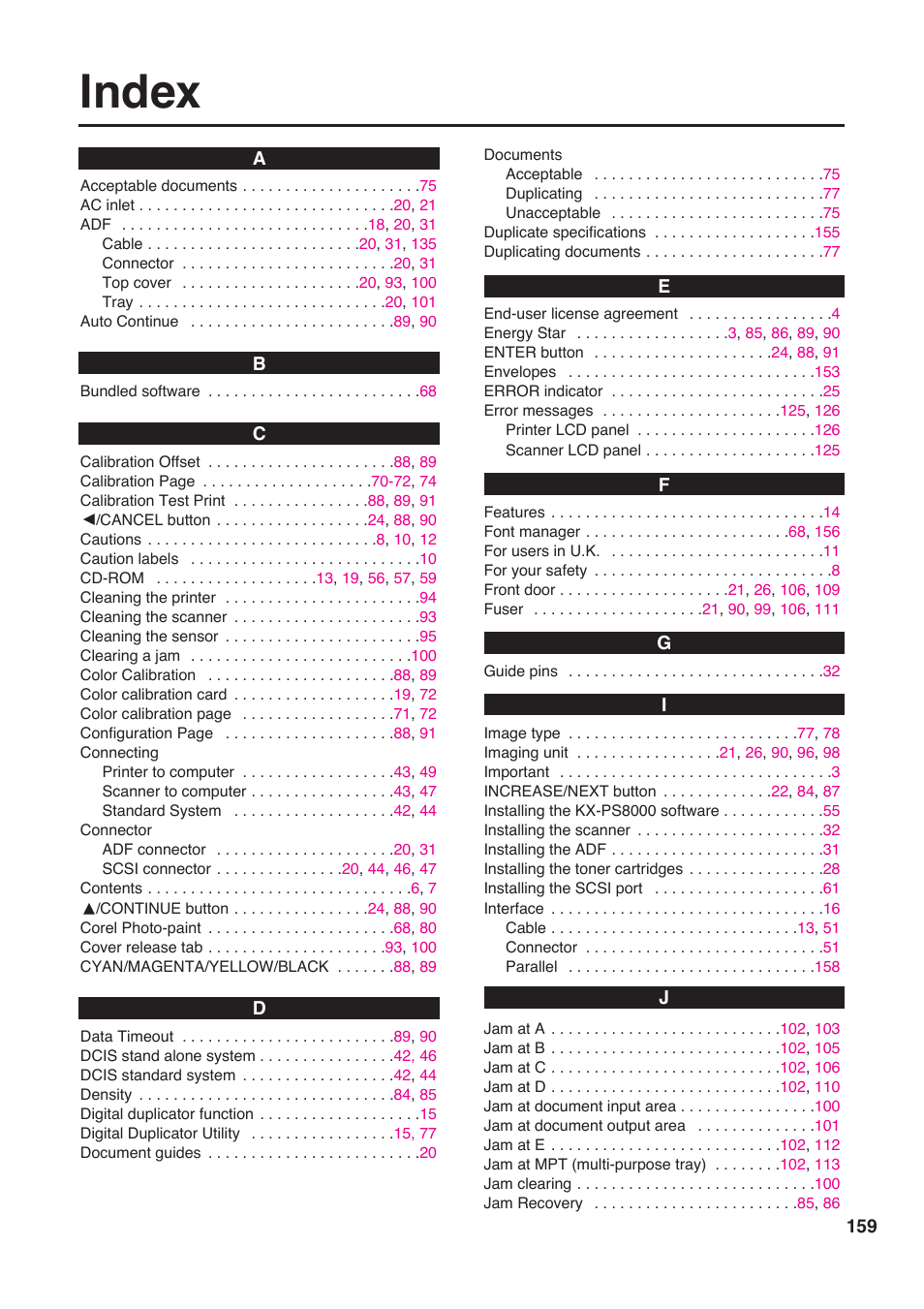 Index | Panasonic KX-PS8000 User Manual | Page 159 / 161