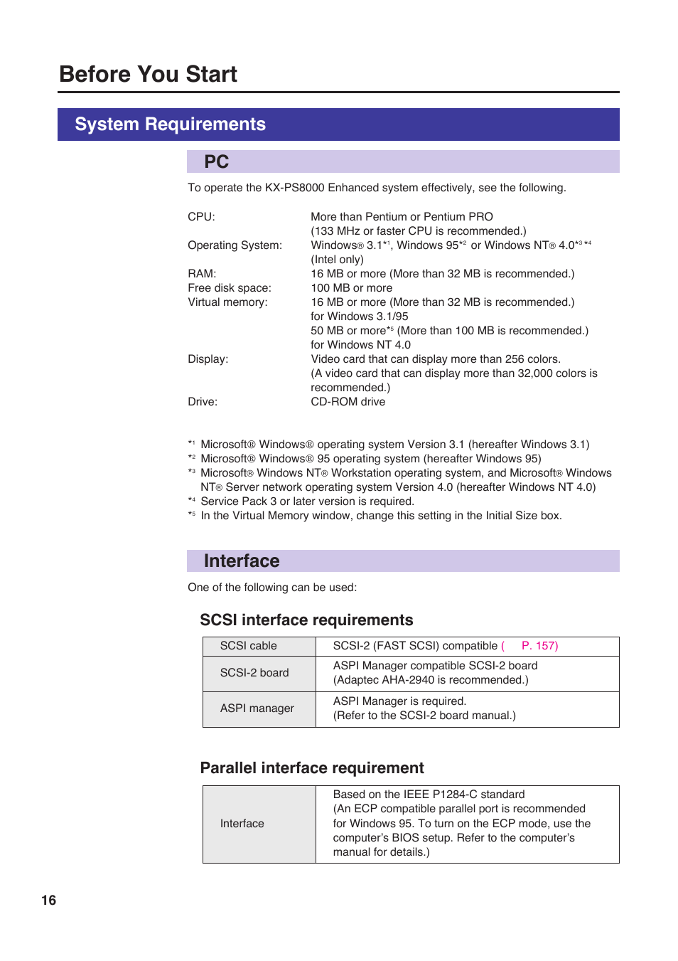 System requirements, Interface, Before you start | System requirements pc interface | Panasonic KX-PS8000 User Manual | Page 16 / 161