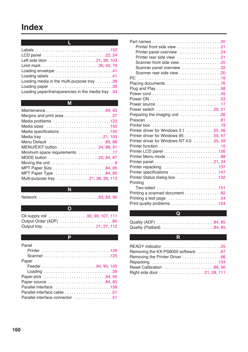 Index | Panasonic KX-PS8000 User Manual | Page 160 / 161