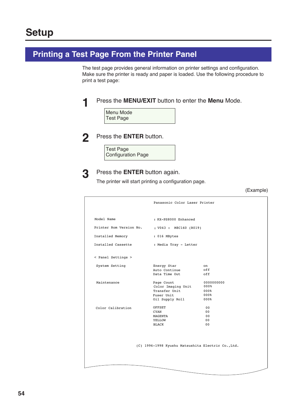 Setup, Printing a test page from the printer panel | Panasonic KX-PS8000 User Manual | Page 54 / 161