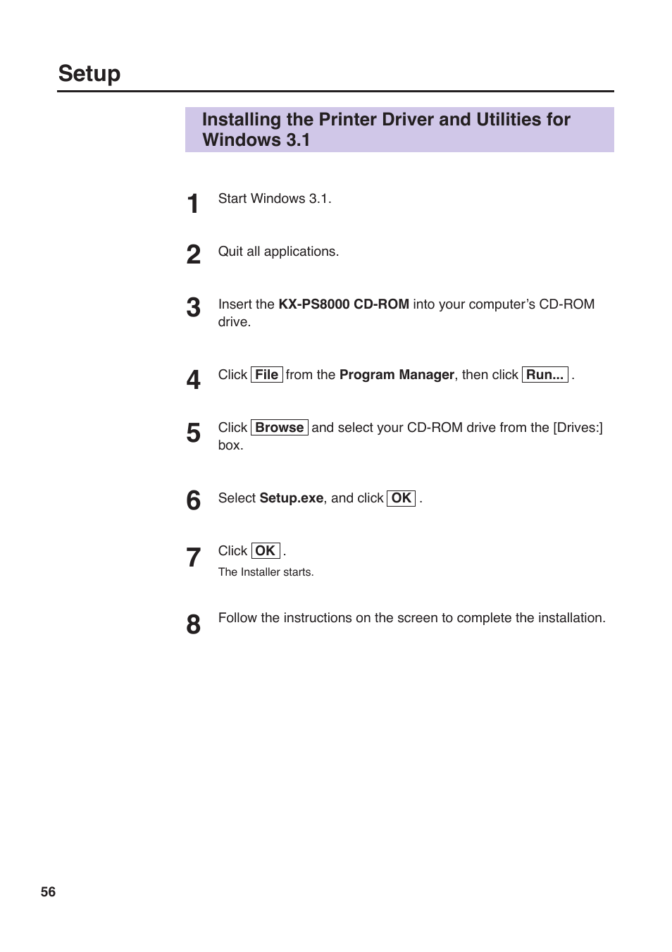 Setup | Panasonic KX-PS8000 User Manual | Page 56 / 161