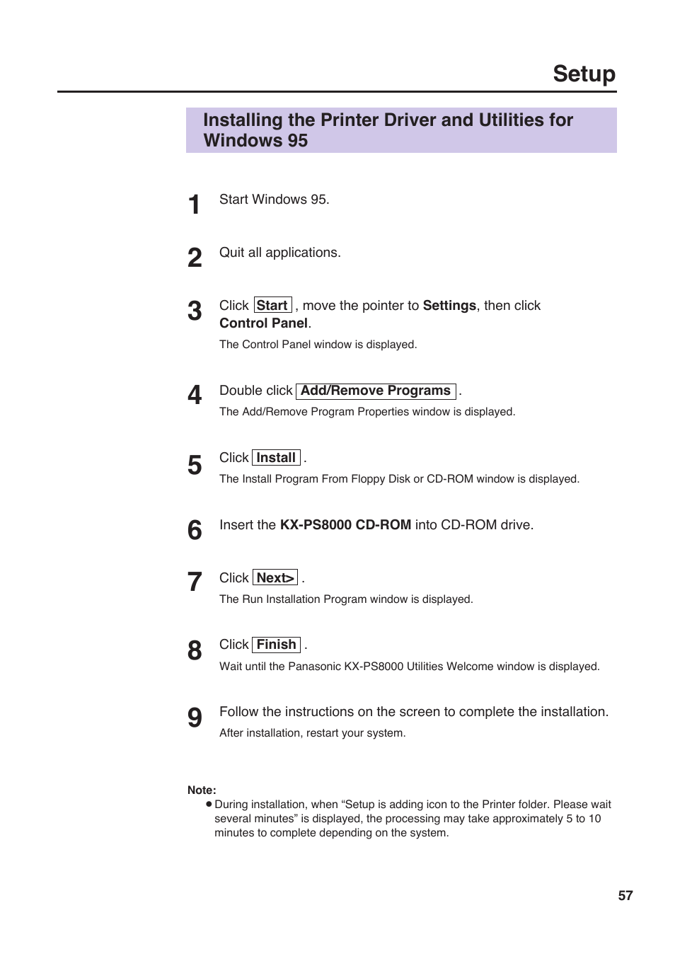 Setup | Panasonic KX-PS8000 User Manual | Page 57 / 161