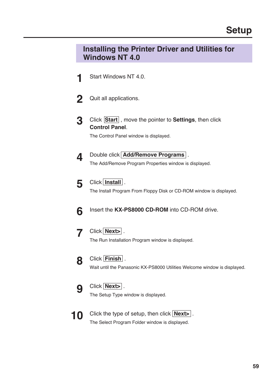 Setup | Panasonic KX-PS8000 User Manual | Page 59 / 161