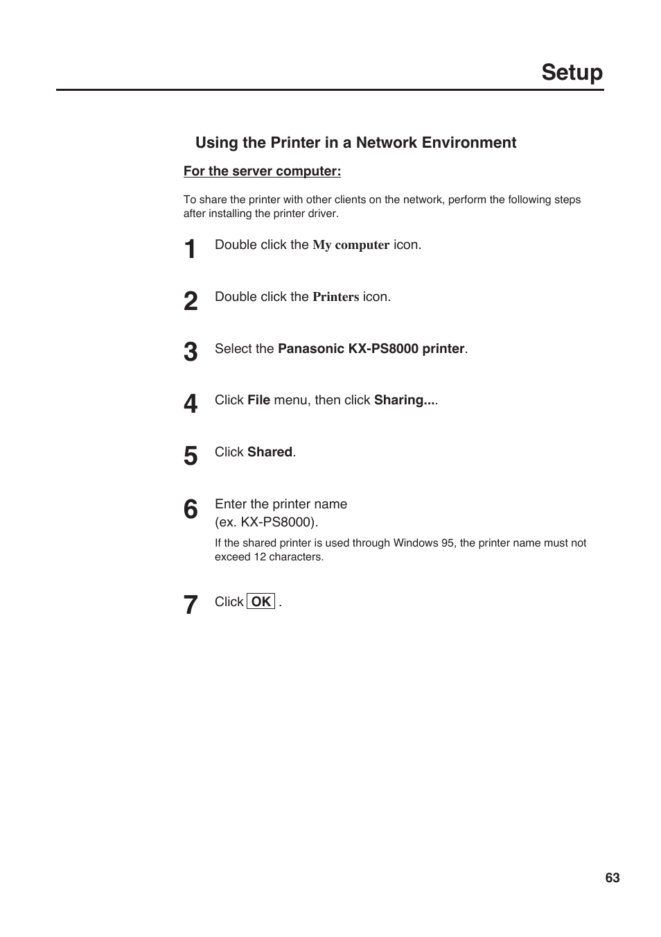 Setup | Panasonic KX-PS8000 User Manual | Page 63 / 161