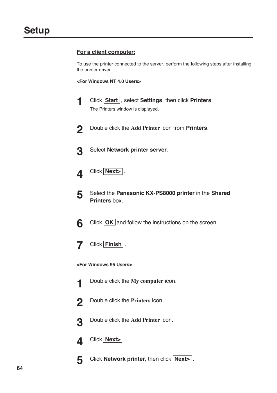 Setup | Panasonic KX-PS8000 User Manual | Page 64 / 161