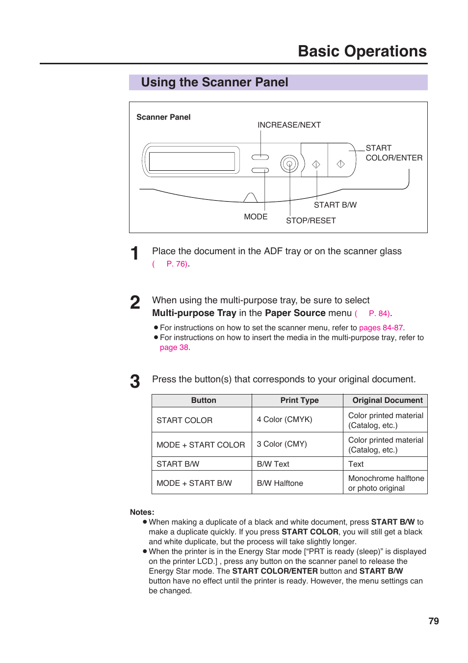 Using the scanner panel, Select an image type, P. 79) | Basic operations | Panasonic KX-PS8000 User Manual | Page 79 / 161