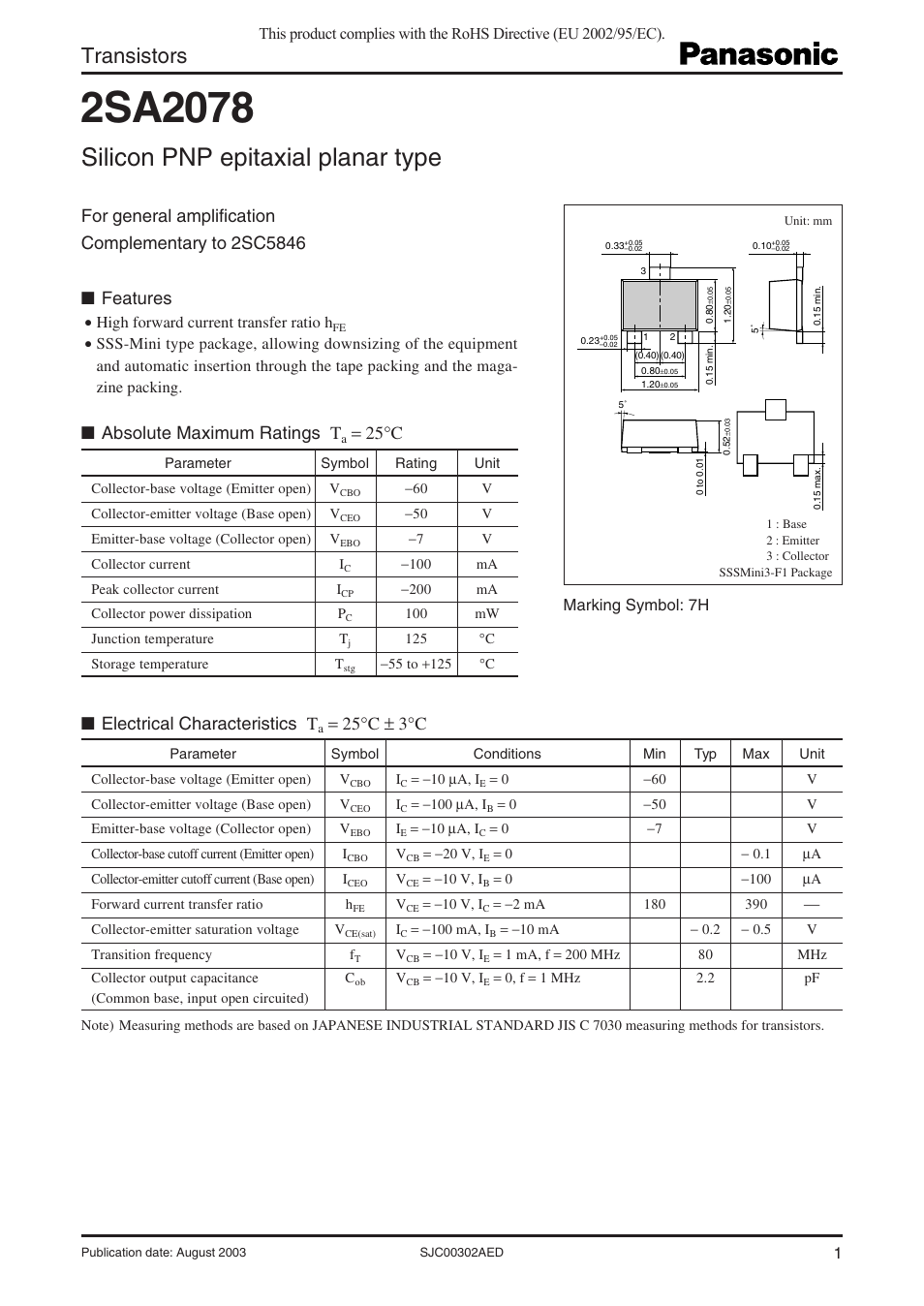 Panasonic 2SA2078 User Manual | 3 pages