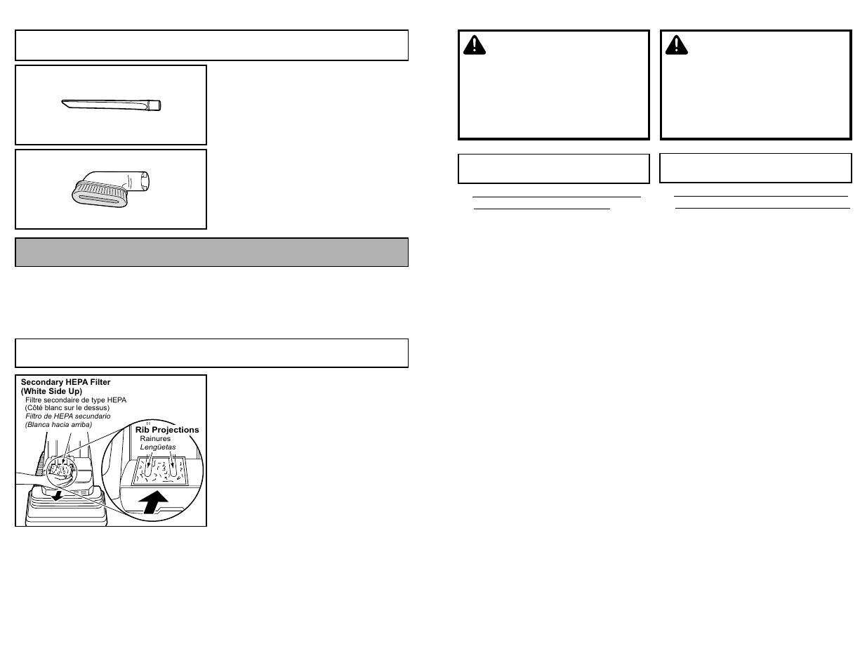 Enlevement et installation de la plaque inferieure, Cambiar y insertar de la base inferior, Advertencia | Avertissement, Tool usage, Routine care of vacuum cleaner, Replacing secondary hepa filter | Panasonic MC-V5261 User Manual | Page 27 / 48