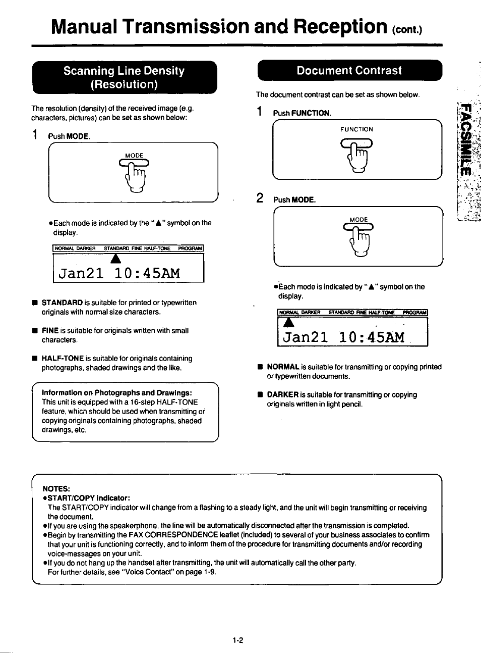 Scanning line density (resolution), Document contrast, Scanning line density (resolution) -2 | Document contrast -2, Manual transmission and reception, Cont.) | Panasonic KXF120 User Manual | Page 11 / 54