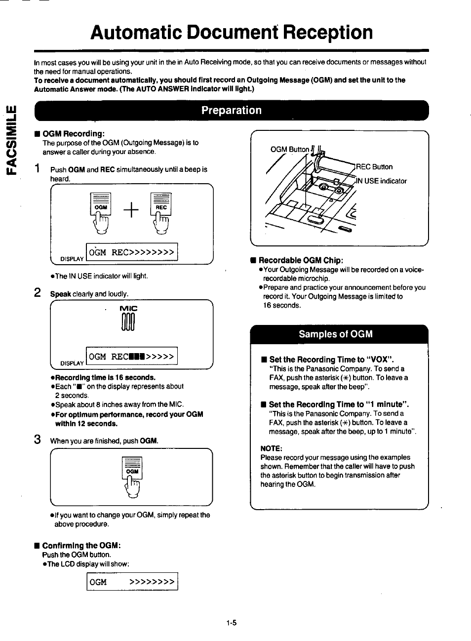 Preparation, Ogm recording, Recordable ogm chip | Samples of ogm, Set the recording time to "vox, Set the recording time to ‘‘1 minute, Confirming the ogm, Preparation -5, Automatic document reception | Panasonic KXF120 User Manual | Page 14 / 54