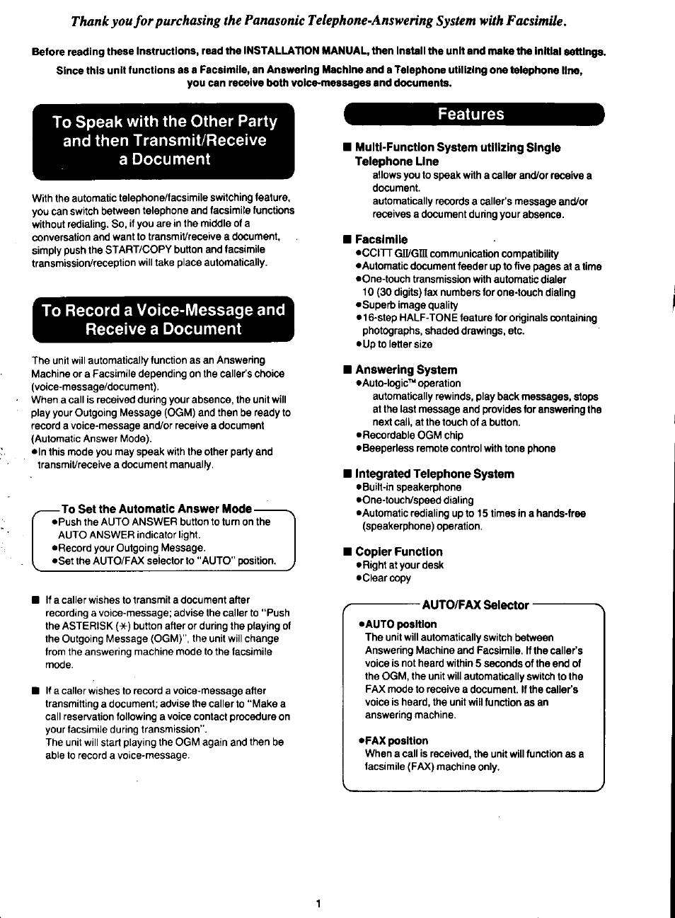 To record a voice-message and receive a document, Features | Panasonic KXF120 User Manual | Page 2 / 54