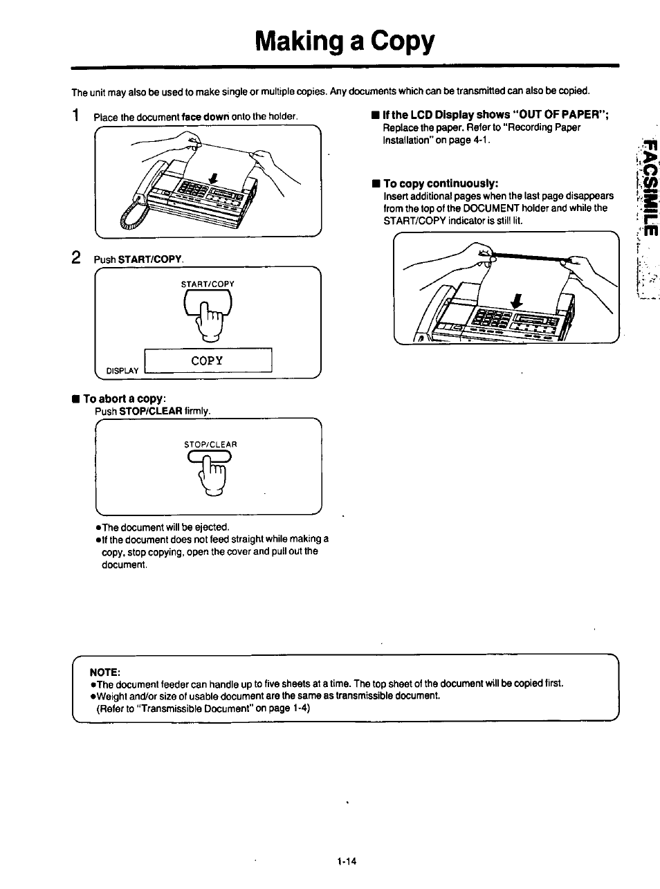 If the lcd display shows ‘out of paper, To copy continuously, Making a copy | Panasonic KXF120 User Manual | Page 23 / 54