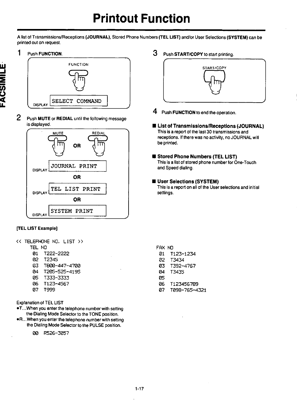 List of transmissions/receptions (journal), Stored phone numbers (tel list), User selections (system) | Printout function | Panasonic KXF120 User Manual | Page 26 / 54