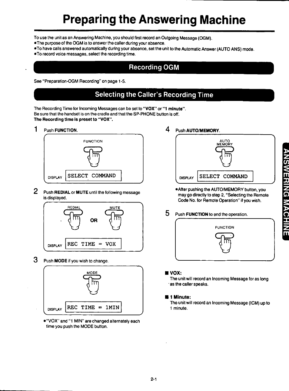 Recording ogm, Selecting the caller’s recording time, 1 minute | Recording ogm -1, Preparing the answering machine | Panasonic KXF120 User Manual | Page 29 / 54