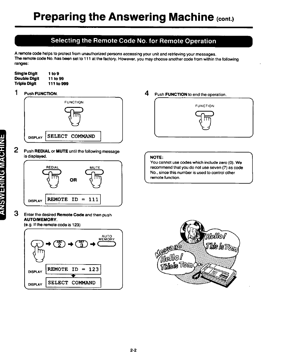 Selecting the remote code no. for remote operation, Preparing the answering machine (cont.) | Panasonic KXF120 User Manual | Page 30 / 54