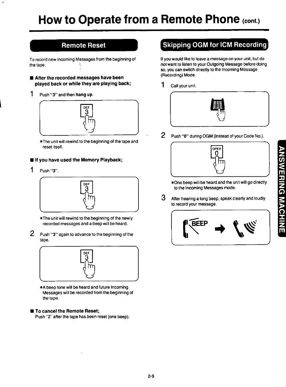 Skipping ogm for icm recording, If you have used the memory playback, To cancel the remote reset | Skipping ogm for icm recording -9, How to operate from a remote phone, 0i f, Remote reset skipping ogm for icm recording | Panasonic KXF120 User Manual | Page 37 / 54