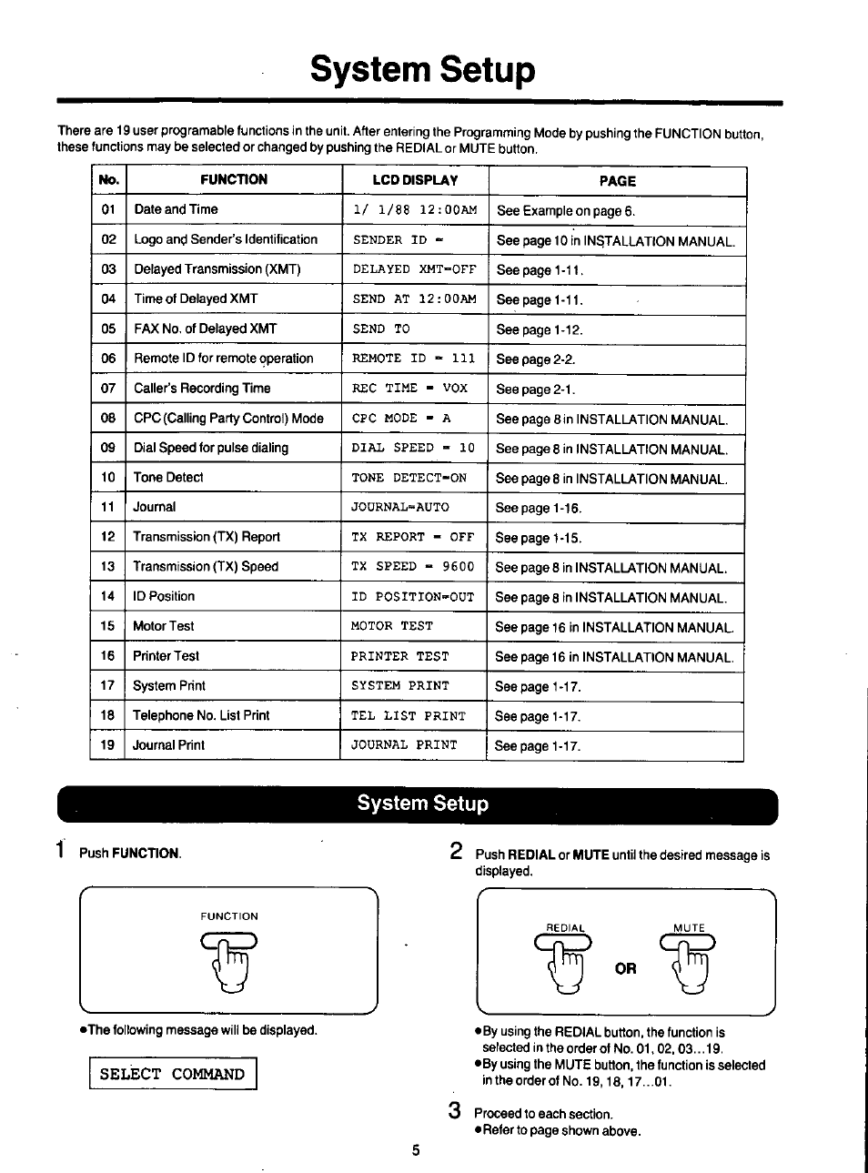 System setup, Select command | Panasonic KXF120 User Manual | Page 6 / 54