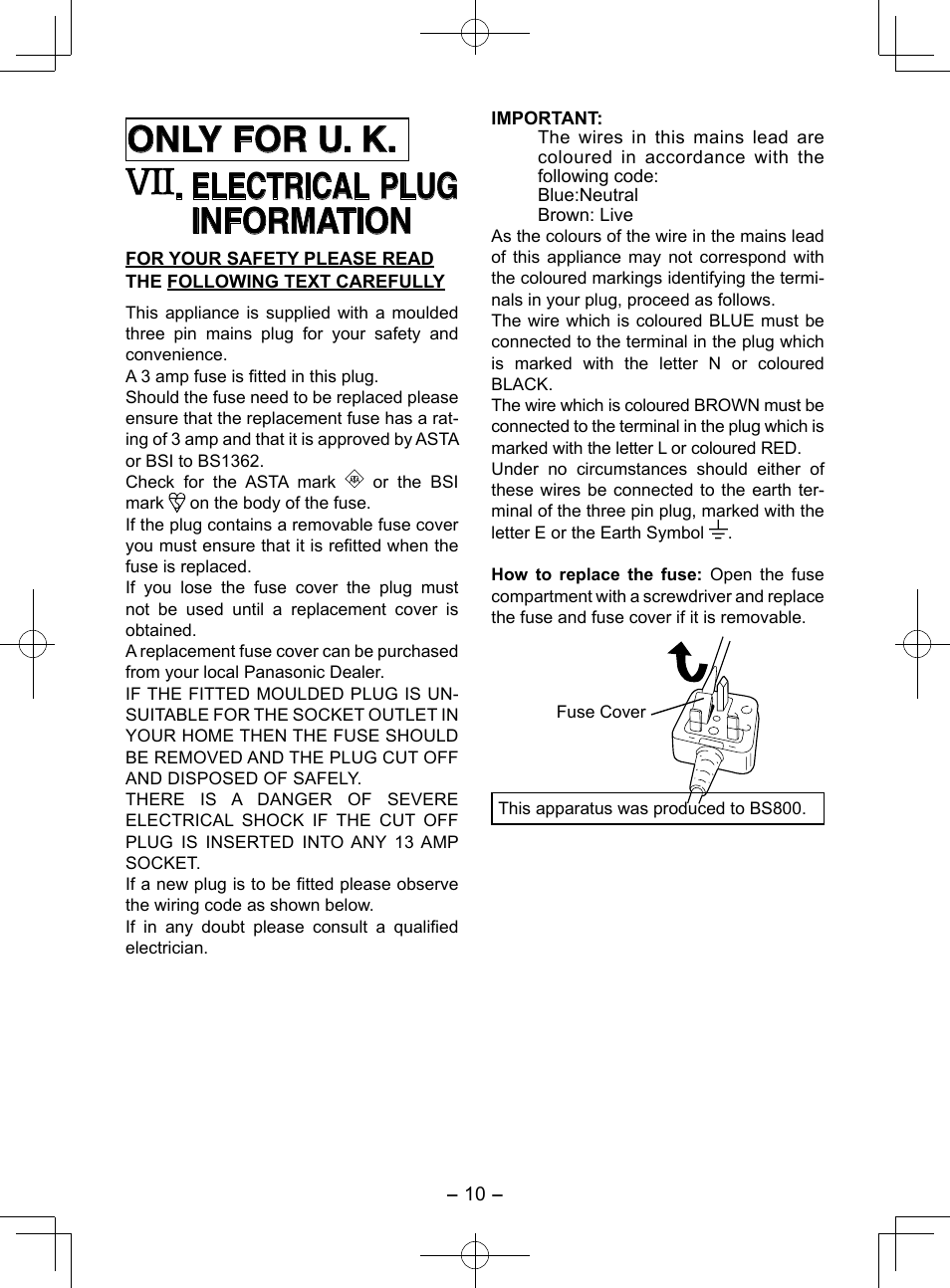 Only for u. k. . electrical plug information | Panasonic EY3544 User Manual | Page 10 / 80