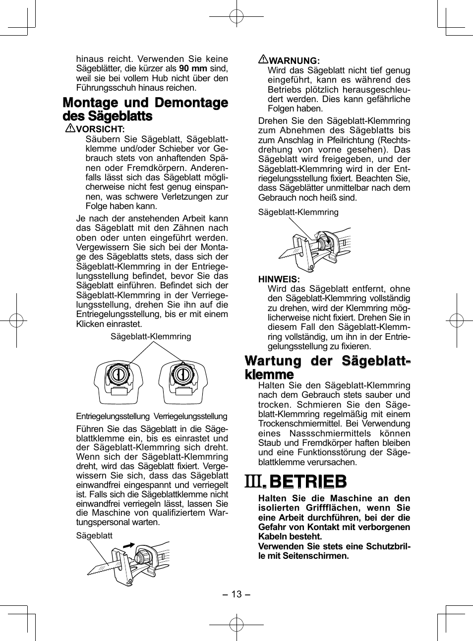 Betrieb, Montage und demontage des sägeblatts, Wartung der sägeblatt- klemme | Panasonic EY3544 User Manual | Page 13 / 80