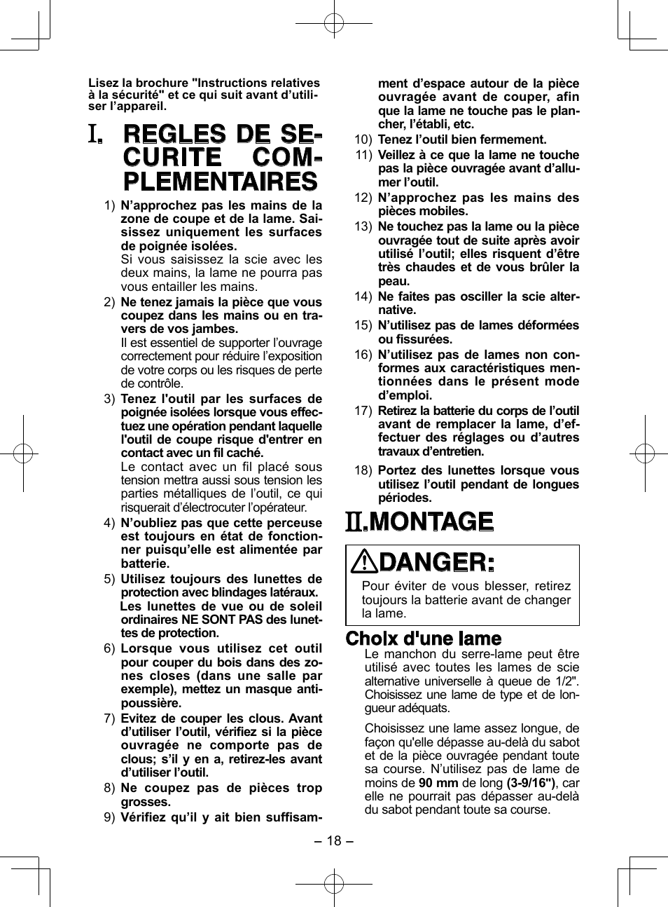 Regles de se- curite com- plementaires, Montage danger, Choix d'une lame | Panasonic EY3544 User Manual | Page 18 / 80