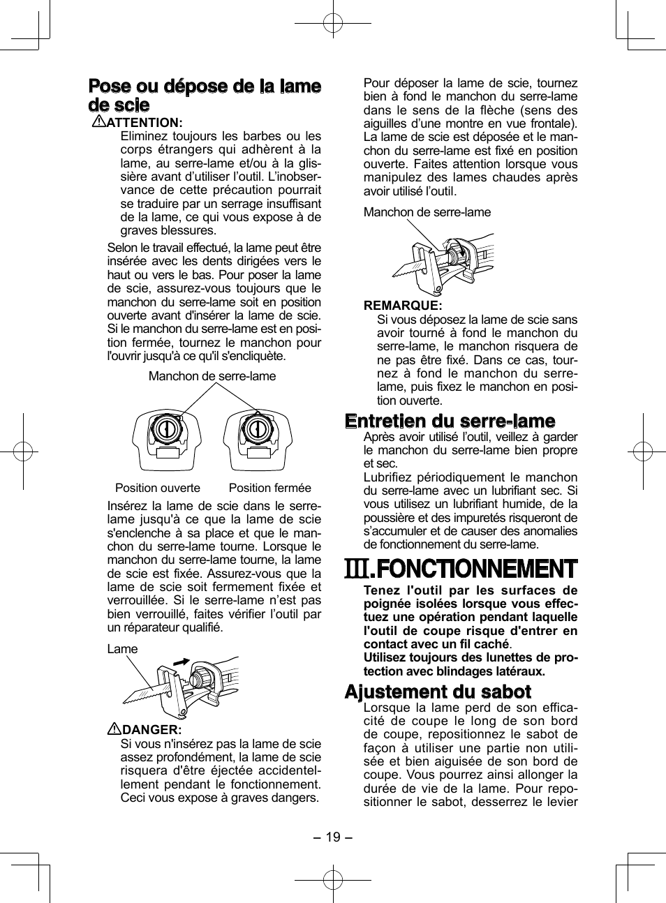Fonctionnement, Pose ou dépose de la lame de scie, Entretien du serre-lame | Ajustement du sabot | Panasonic EY3544 User Manual | Page 19 / 80