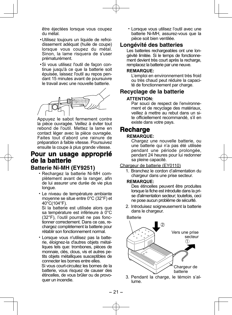 Pour un usage approprié de la batterie, Recharge, Batterie ni-mh (ey9251) | Longévité des batteries, Recyclage de la batterie | Panasonic EY3544 User Manual | Page 21 / 80
