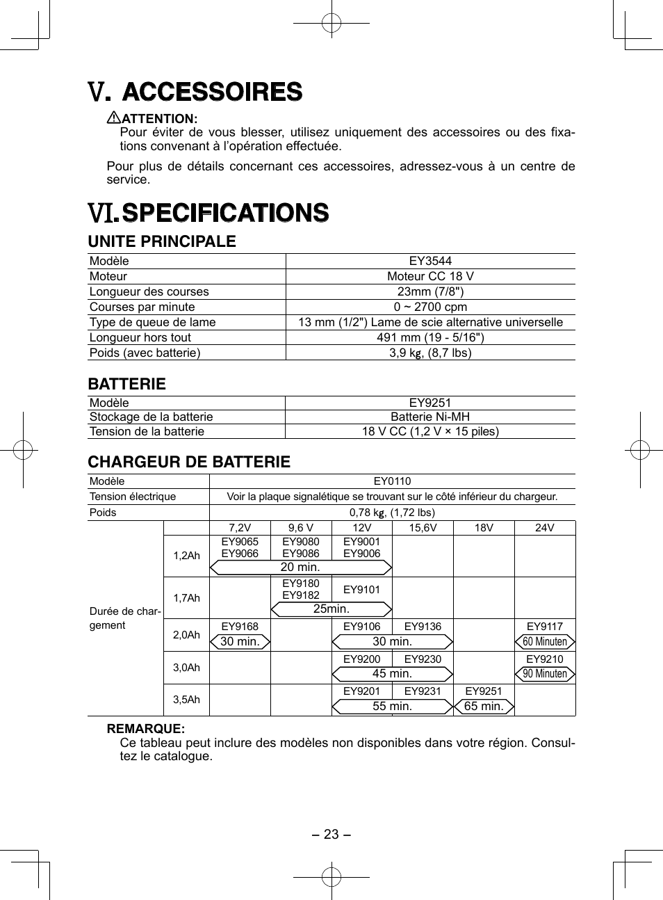 Accessoires, Specifications, Unite principale | Batterie, Chargeur de batterie | Panasonic EY3544 User Manual | Page 23 / 80