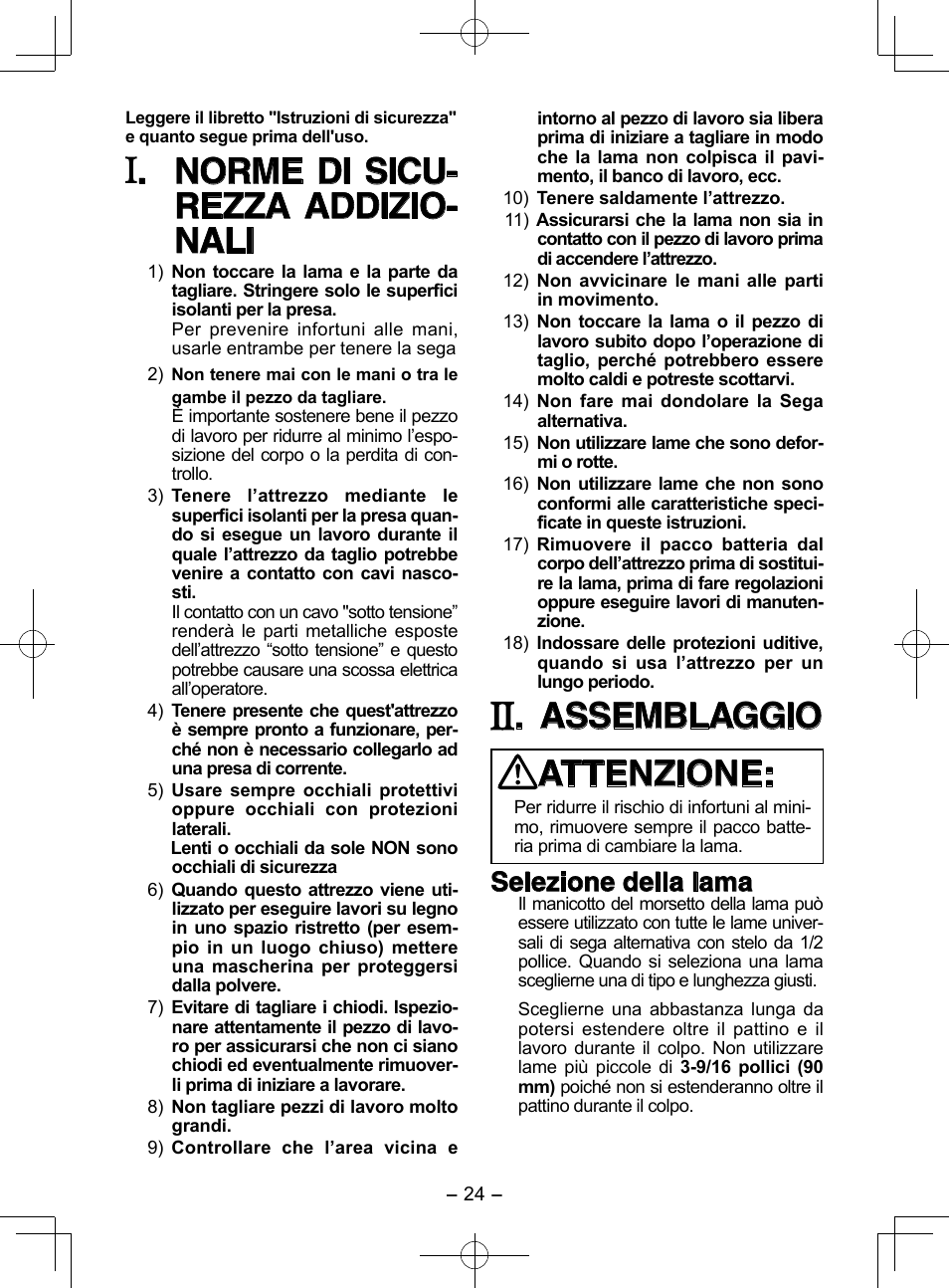 Norme di sicu- rezza addizio- nali, Assemblaggio attenzione, Selezione della lama | Panasonic EY3544 User Manual | Page 24 / 80