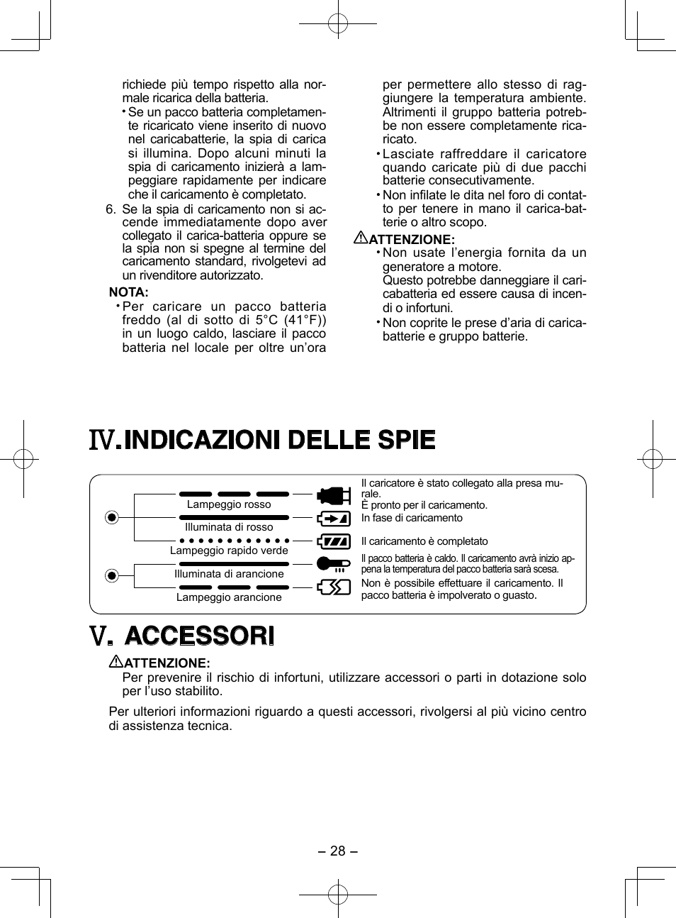Indicazioni delle spie, Accessori | Panasonic EY3544 User Manual | Page 28 / 80