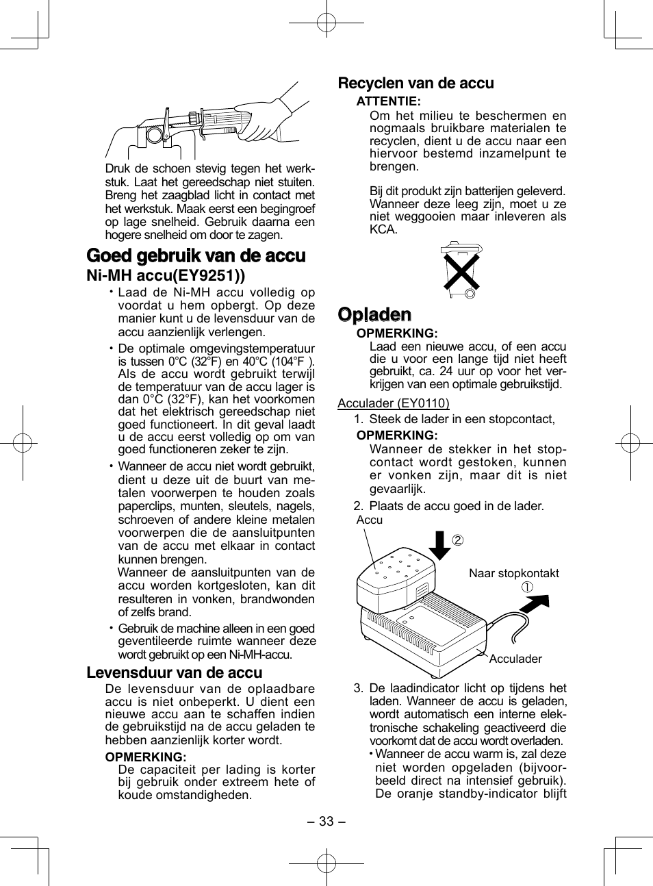 Goed gebruik van de accu, Opladen, Ni-mh accu(ey9251)) | Levensduur van de accu, Recyclen van de accu | Panasonic EY3544 User Manual | Page 33 / 80