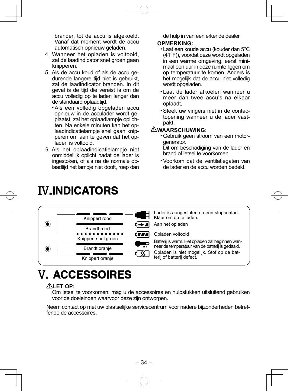 Indicators, Accessoires | Panasonic EY3544 User Manual | Page 34 / 80