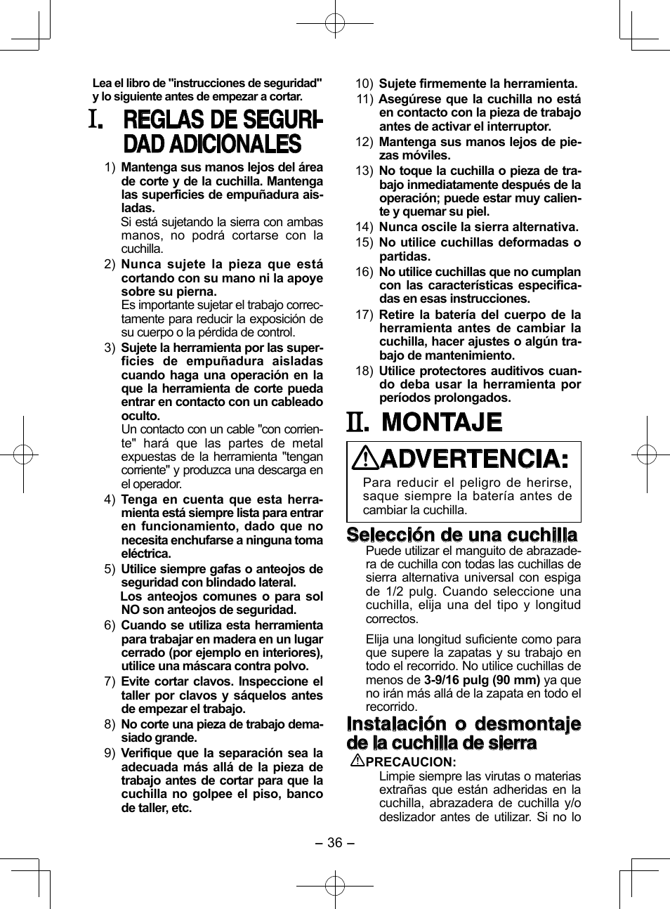 Reglas de seguri- dad adicionales, Montaje advertencia, Selección de una cuchilla | Instalación o desmontaje de la cuchilla de sierra | Panasonic EY3544 User Manual | Page 36 / 80