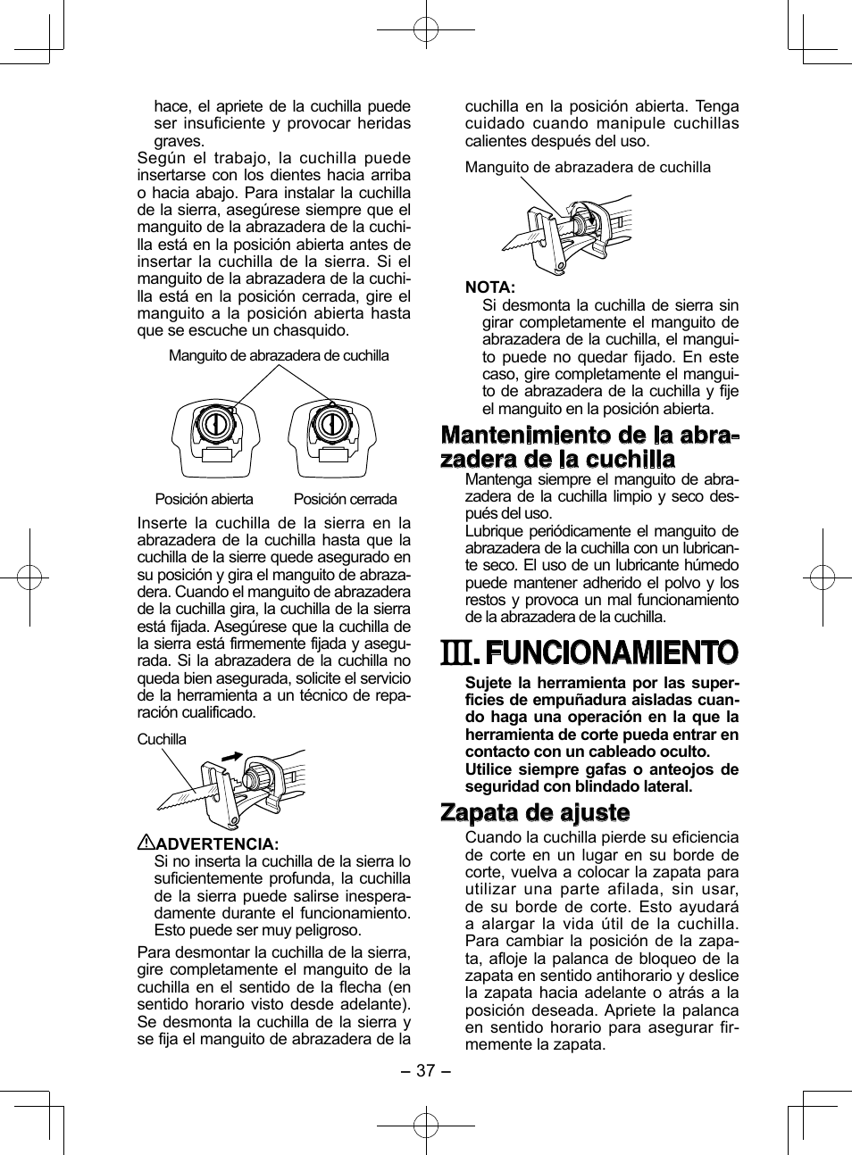 Funcionamiento, Mantenimiento de la abra- zadera de la cuchilla, Zapata de ajuste | Panasonic EY3544 User Manual | Page 37 / 80