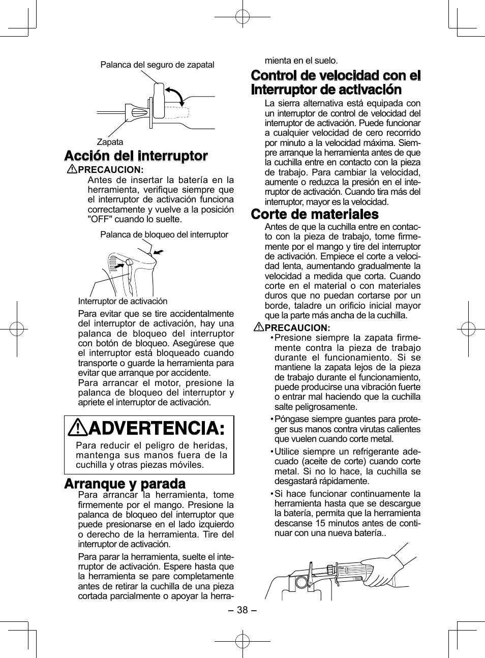 Advertencia, Acción del interruptor, Arranque y parada | Corte de materiales | Panasonic EY3544 User Manual | Page 38 / 80