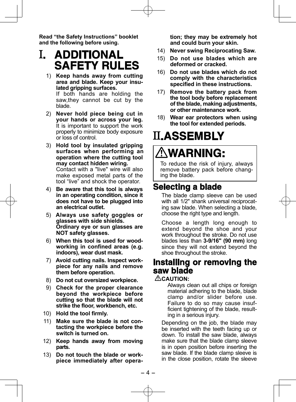 Additional safety rules, Assembly warning, Selecting a blade | Installing or removing the saw blade | Panasonic EY3544 User Manual | Page 4 / 80