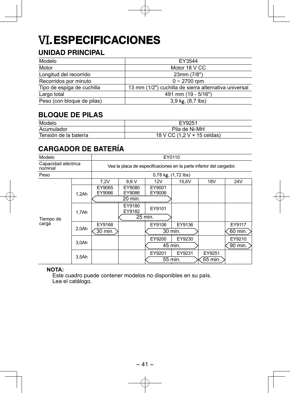 Especificaciones, Unidad principal, Bloque de pilas | Cargador de batería | Panasonic EY3544 User Manual | Page 41 / 80