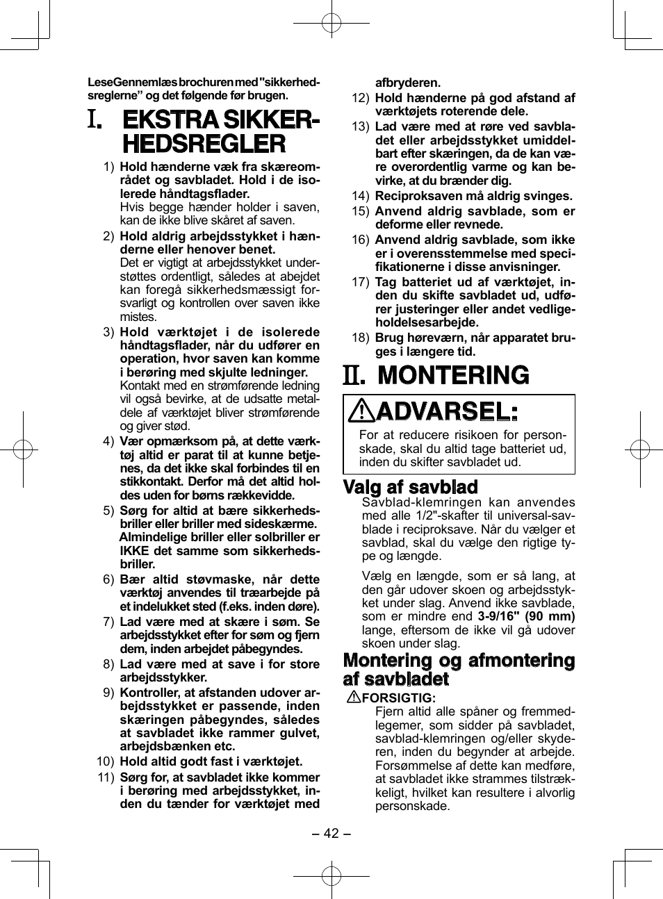 Ekstra sikker- hedsregler, Montering advarsel, Valg af savblad | Montering og afmontering af savbladet | Panasonic EY3544 User Manual | Page 42 / 80
