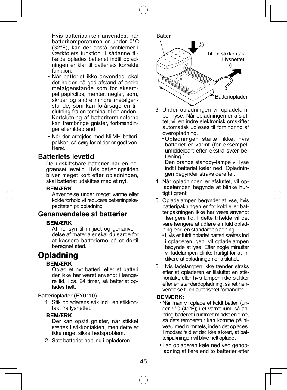 Opladning, Batteriets levetid, Genanvendelse af batterier | Panasonic EY3544 User Manual | Page 45 / 80
