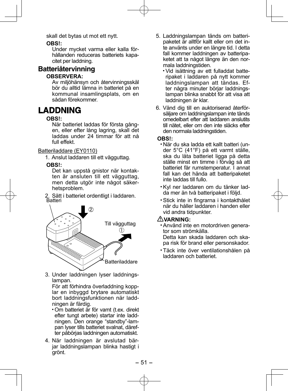 Laddning, Batteriåtervinning | Panasonic EY3544 User Manual | Page 51 / 80