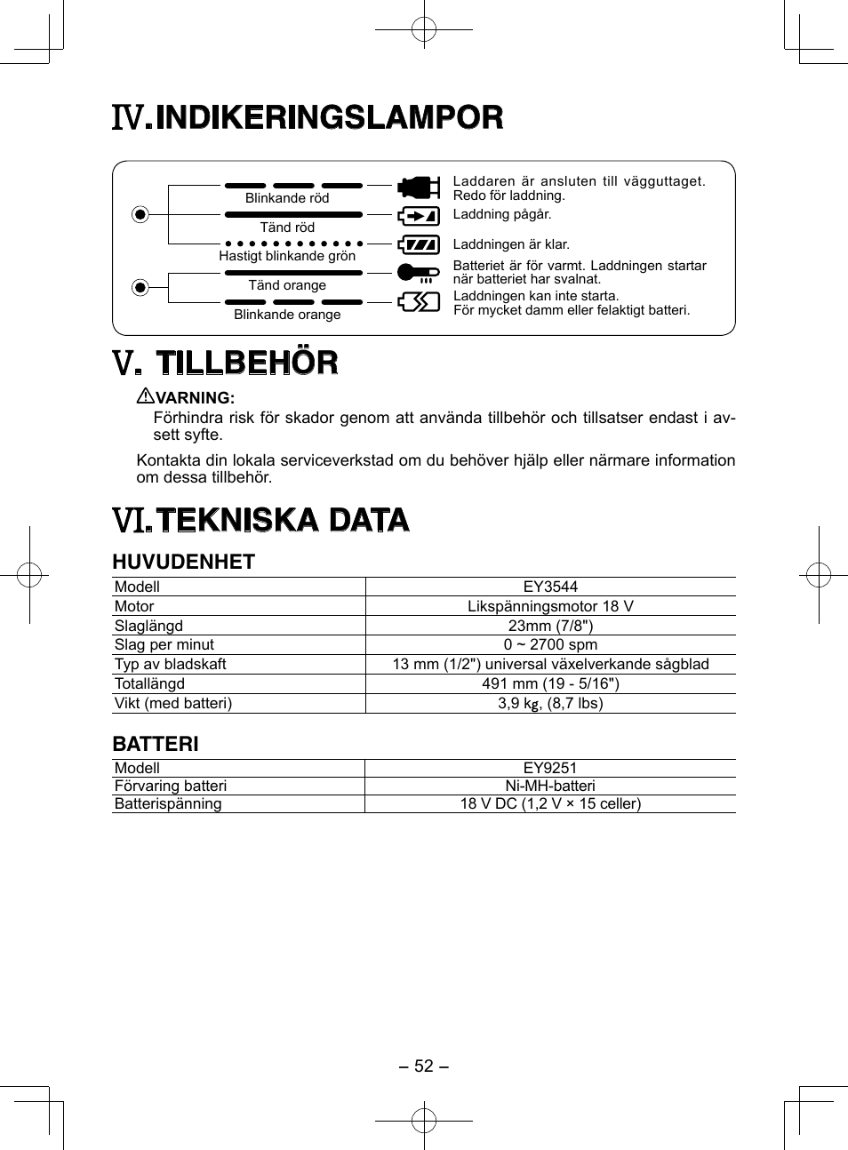 Indikeringslampor, Tillbehör, Tekniska data | Huvudenhet, Batteri | Panasonic EY3544 User Manual | Page 52 / 80