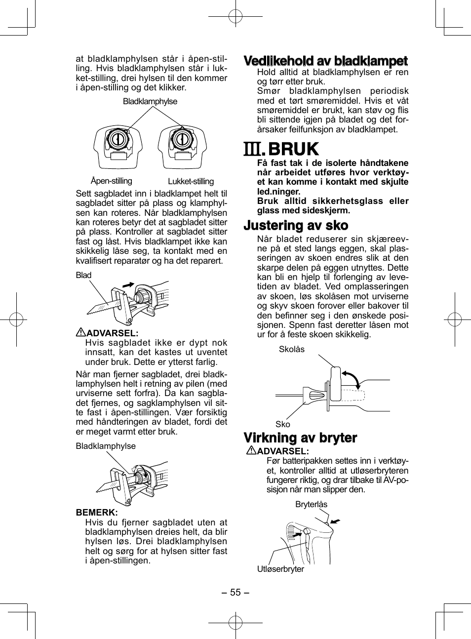 Bruk, Vedlikehold av bladklampet, Justering av sko | Virkning av bryter | Panasonic EY3544 User Manual | Page 55 / 80