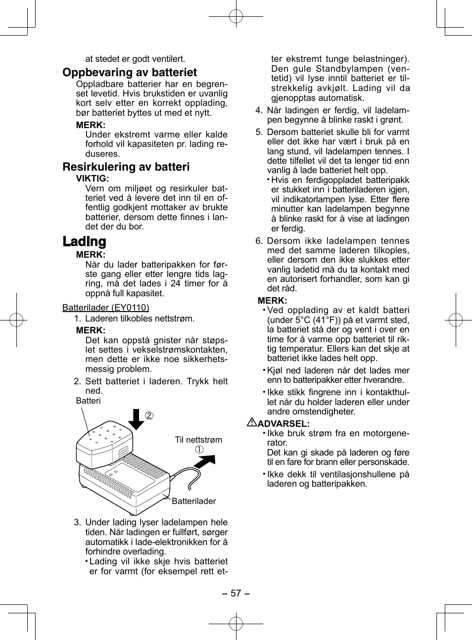 Lading, Oppbevaring av batteriet, Resirkulering av batteri | Panasonic EY3544 User Manual | Page 57 / 80