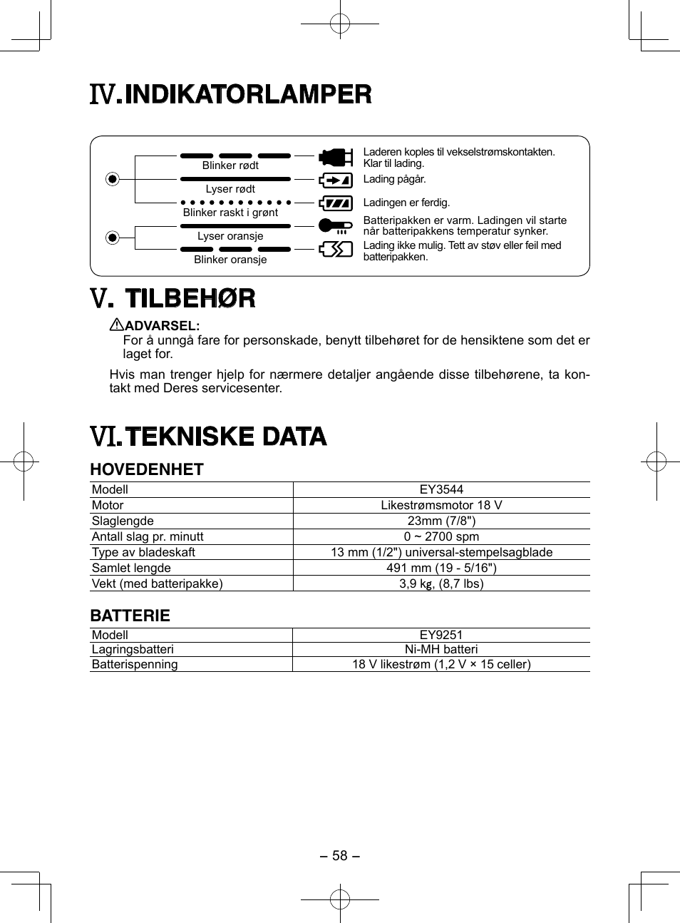 Indikatorlamper, Tilbehør, Tekniske data | Hovedenhet, Batterie | Panasonic EY3544 User Manual | Page 58 / 80